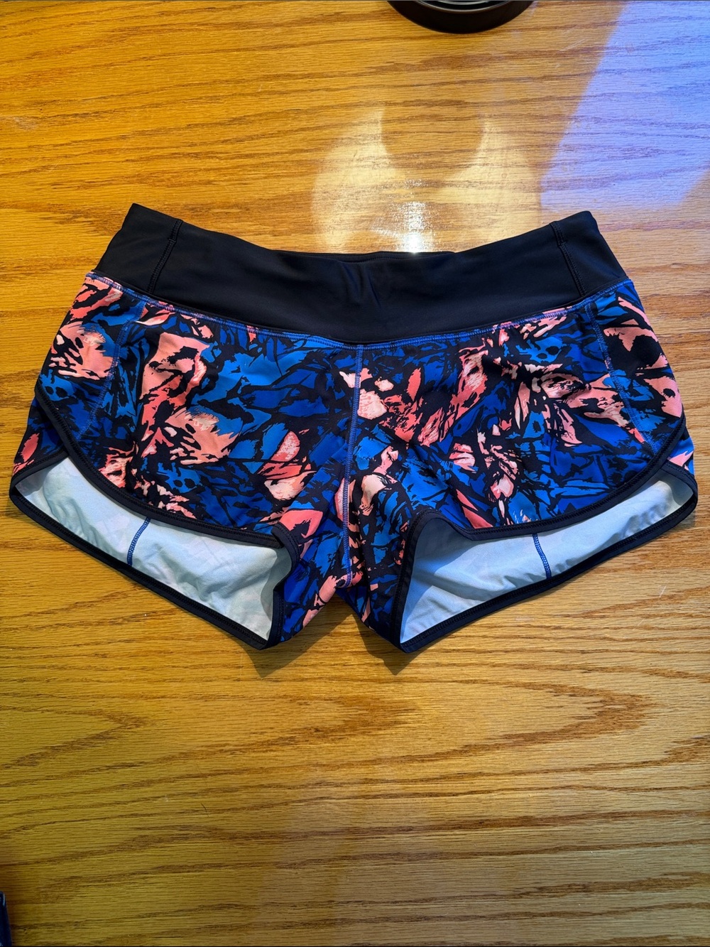lululemon athletica Black Waistband Blue & Pink Floral Running Shorts